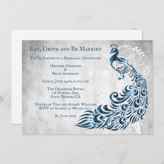 Blue Peacock Leaf Vine Rehearsal Dinner Invite Kaart (Voorkant / Achterkant)