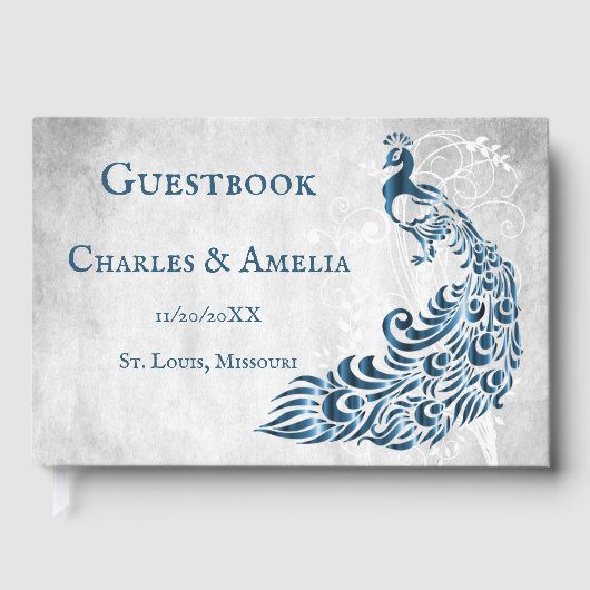 Blue Peacock Leaf Vine Wedding Guestbook Gastenboek (Voorkant)