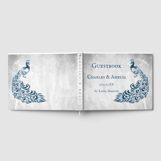 Blue Peacock Leaf Vine Wedding Guestbook Gastenboek (Volledig)