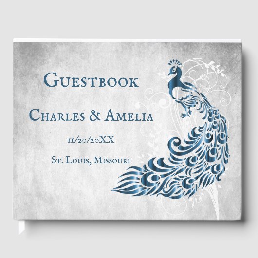 Blue Peacock Leaf Vine Wedding Guestbook Gastenboek (Voorkant)