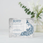 Blue Peacock Leaf Vine Wedding RSVP Kaart (Staand voorkant)