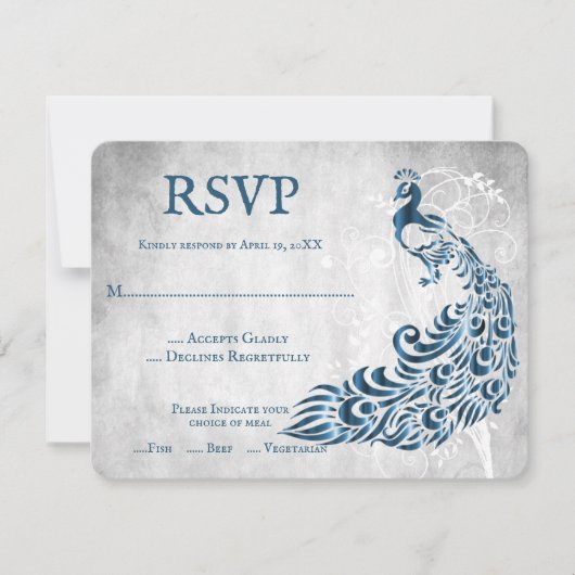 Blue Peacock Leaf Vine Wedding RSVP Kaart (Voorkant)