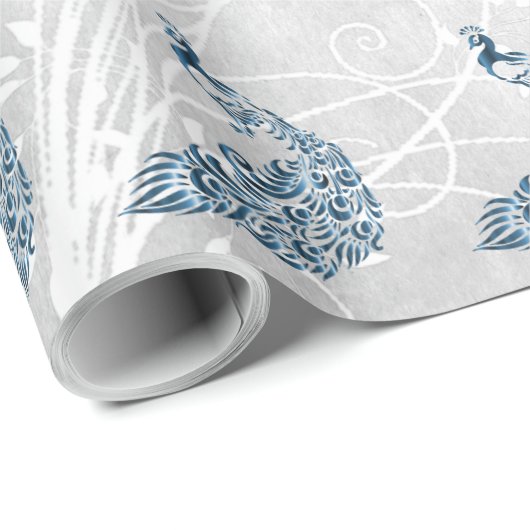Blue Peacock Leaf Vine Wedding Wrapping Paper Cadeaupapier (Rol Hoek)