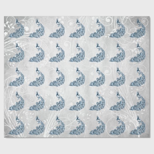 Blue Peacock Leaf Vine Wedding Wrapping Paper Cadeaupapier (Vlak)