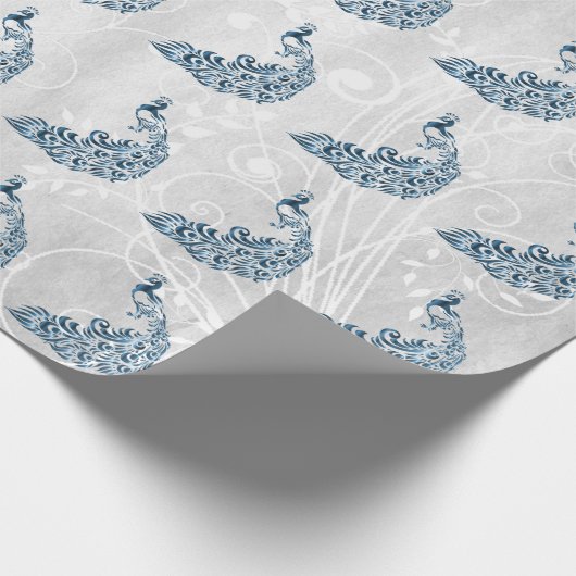 Blue Peacock Leaf Vine Wedding Wrapping Paper Cadeaupapier (Hoek)