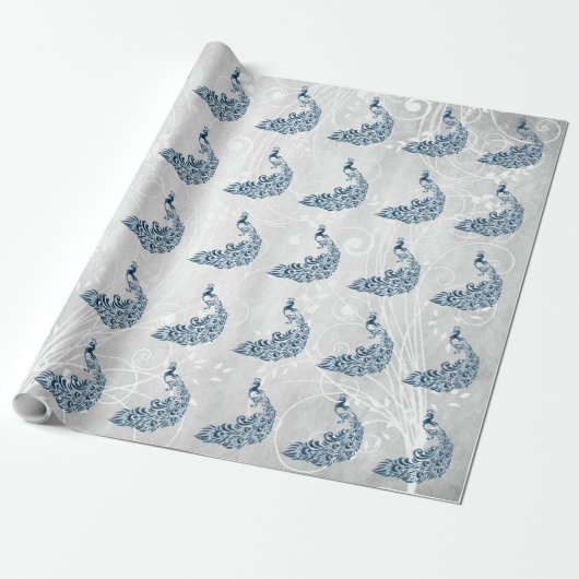Blue Peacock Leaf Vine Wedding Wrapping Paper Cadeaupapier (Uitgerold)