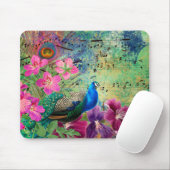 Blue Peacock Paars Pink Flowers Musical Notes Muismat (Met muis)