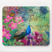 Blue Peacock Paars Pink Flowers Musical Notes Muismat (Voorkant)