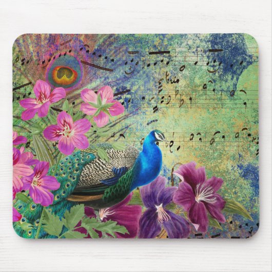 Blue Peacock Paars Pink Flowers Musical Notes Muismat (Voorkant)