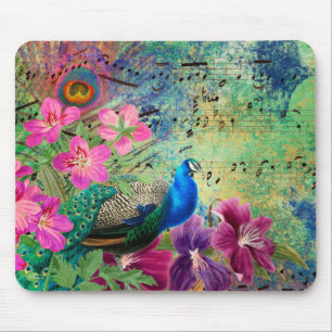 Blue Peacock Paarse Pink Flowers Muzieknotities Muismat
