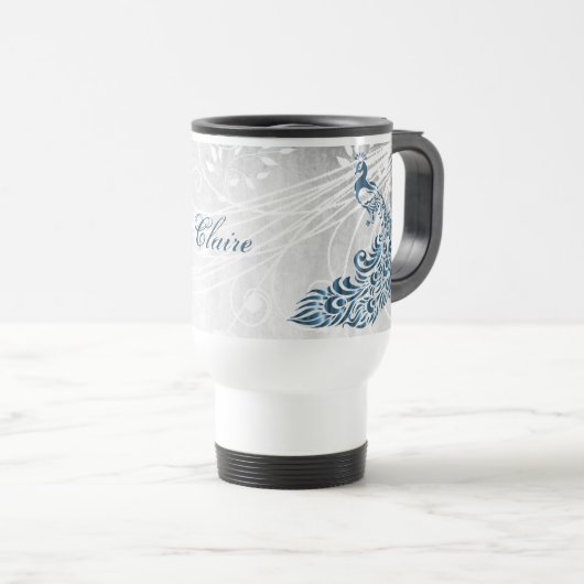 Blue Peacock Personalized Travel Mug Reisbeker (Voorkant rechts)