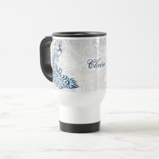 Blue Peacock Personalized Travel Mug Reisbeker (Voorkant links)