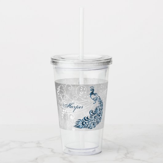 Blue Peacock persoonlijke acryltrommel Acryl Drinkbeker (Voorkant)