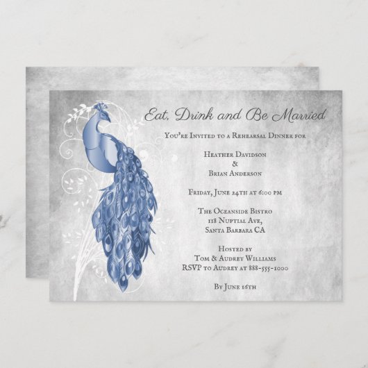 Blue Peacock Rehearsal Dinner Invitation Kaart (Voorkant / Achterkant)