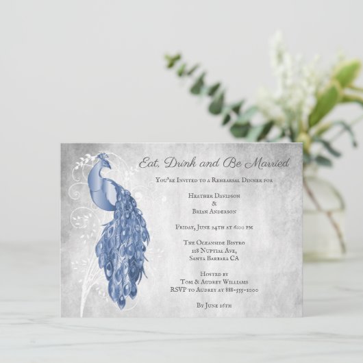 Blue Peacock Rehearsal Dinner Invitation Kaart (Staand voorkant)