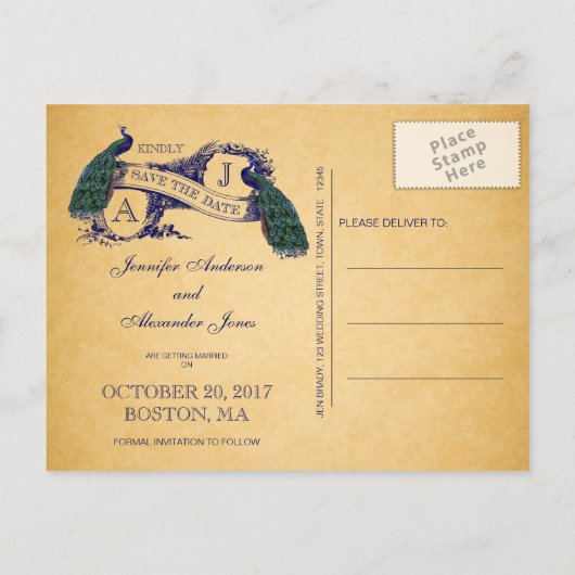 Blue Peacock Save the Date Briefkaart (Achterkant)