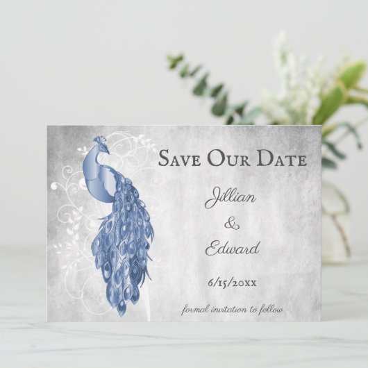 Blue Peacock Save the Date Notice Aankondiging (Staand voorkant)