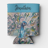 Blue Peacock Waterverf Art Verjaardag Blikjeskoeler (Voorkant)