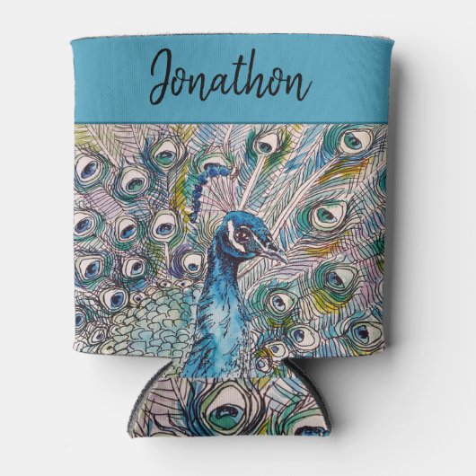 Blue Peacock Waterverf Art Verjaardag Blikjeskoeler (Voorkant)