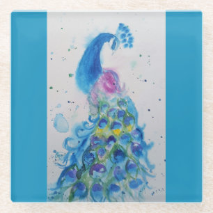 Blue Peacock Waterverf Blauwgroen Blue Bird Birds Glazen Onderzetter