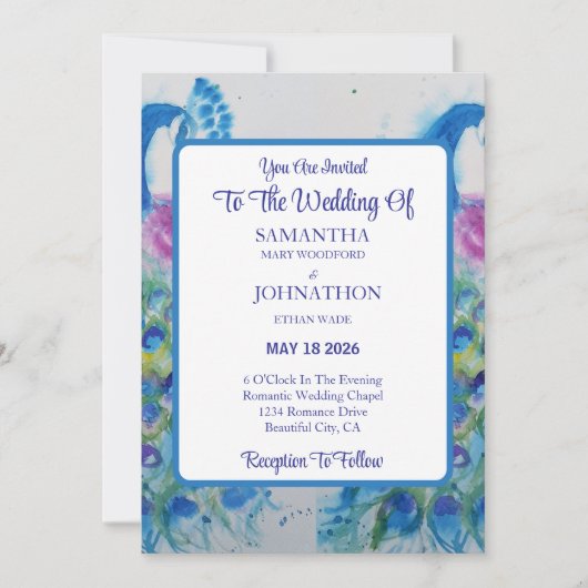 Blue Peacock Waterverf Flower Wedding Invitation Kaart (Voorkant)