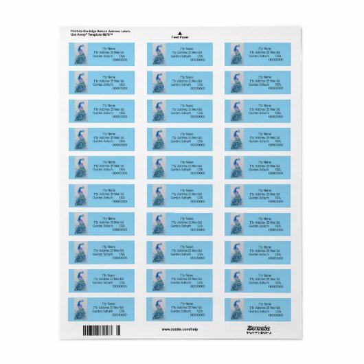 Blue Peacock Waterverf Return Address Labels (Full Sheet)
