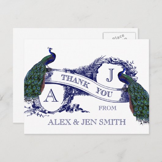 Blue Peacock Weddenschap Bedankt Briefkaart (Voorkant / Achterkant)