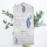 Blue Peacock Weddenschap in één uitnodiging<br><div class="desc">Nodig gasten uit voor je aanstaande bruiloft met een Blue Peacock All in One Wedding Invite. Het uitgenodigde ontwerp is voorzien van een levendige pauw die rust op een delicaat witte bladblaasje tegen een grijze achtergrond met een geperforeerde reactiekaart. Personaliseer met de bruom en de namen van de bruid samen...</div>