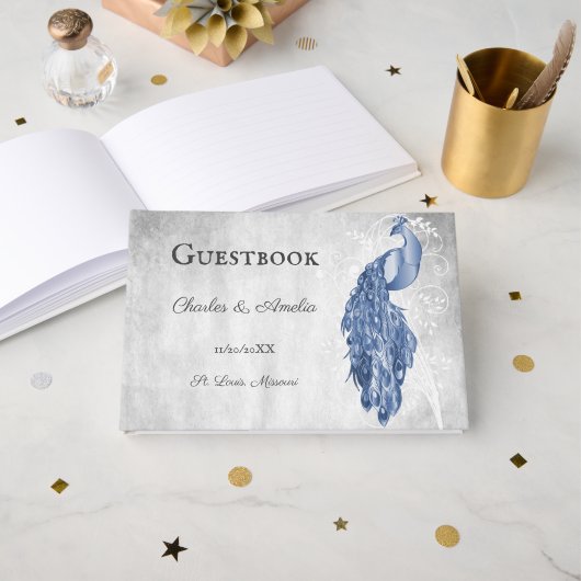Blue Peacock Wedding Guest Book Gastenboek (Voorkant open)