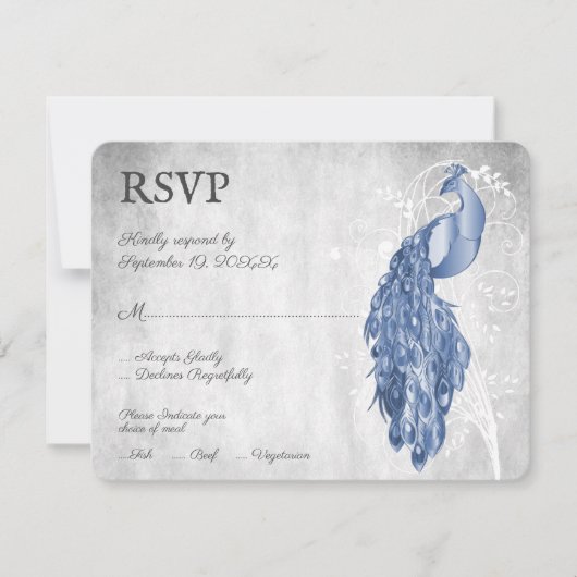 Blue Peacock Wedding RSVP Kaart (Voorkant)