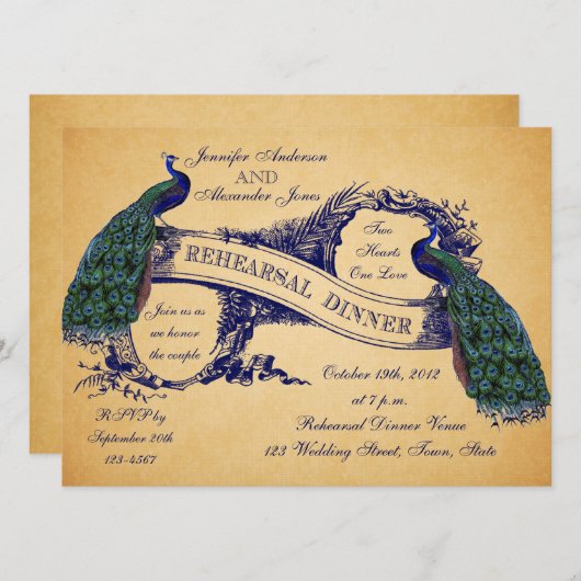 Blue Peacocks  repetitie dineruitnodiging Kaart (Voorkant / Achterkant)