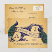 Blue Peacocks Vintage bruiloft RSVP Briefkaart (Voorkant / Achterkant)