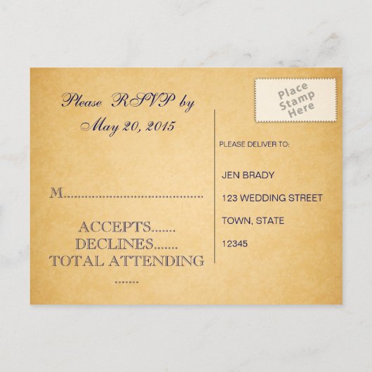 Blue Peacocks Vintage bruiloft RSVP Briefkaart (Achterkant)