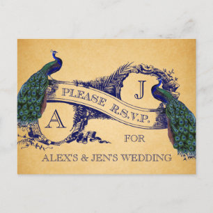 Blue Peacocks Vintage bruiloft RSVP Briefkaart 2