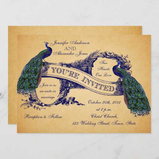 Blue Peacocks Vintage bruiloft uitnodigingen (Voorkant / Achterkant)