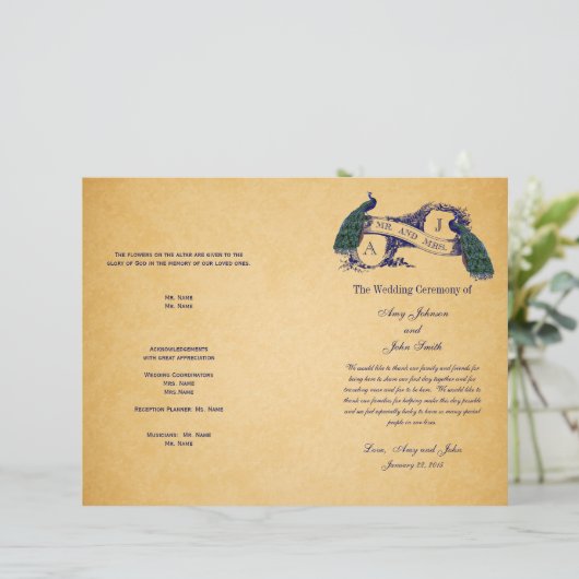 Blue Peacocks Vintage Wedding Programme (Staand voorkant)