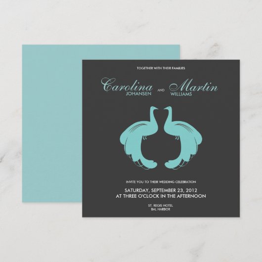 Blue Peacocks Wedding Invite II Kaart (Voorkant / Achterkant)