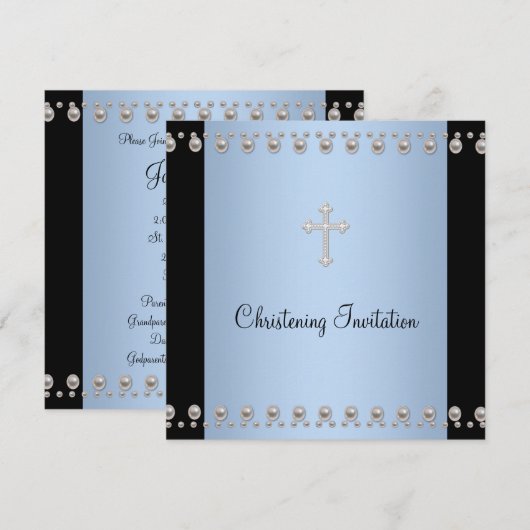 Blue Pearl Cross Black Blue Christening Kaart (Voorkant / Achterkant)