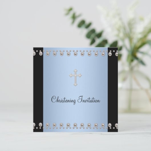 Blue Pearl Cross Black Blue Christening Kaart (Staand voorkant)