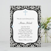 Blue Pearl Cross Blue Black Damask Christening Kaart (Staand voorkant)
