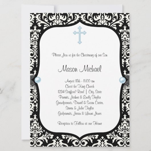 Blue Pearl Cross Blue Black Damask Christening Kaart (Voorkant)