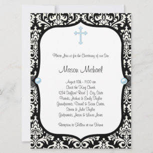 Blue Pearl Cross Blue Black Damask Christening Kaart