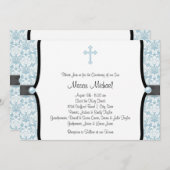 Blue Pearl Cross Blue Black Damask Christening Kaart (Voorkant / Achterkant)