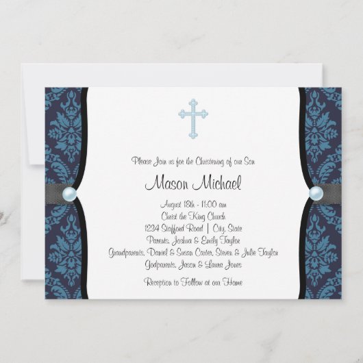 Blue Pearl Cross Blue Black Damask Christening Kaart (Voorkant)