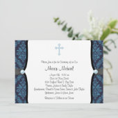 Blue Pearl Cross Blue Black Damask Christening Kaart (Staand voorkant)