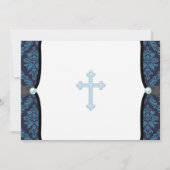 Blue Pearl Cross Blue Black Damask Christening Kaart (Achterkant)