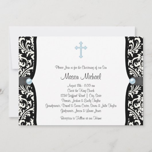 Blue Pearl Cross Blue Black Damask Christening Kaart (Voorkant)