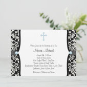 Blue Pearl Cross Blue Black Damask Christening Kaart (Staand voorkant)