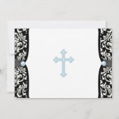 Blue Pearl Cross Blue Black Damask Christening Kaart (Achterkant)
