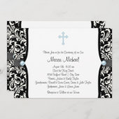 Blue Pearl Cross Blue Black Damask Christening Kaart (Voorkant / Achterkant)